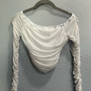 12th Tribe White Ruched Off-Shoulder Long Sleeve Crop Top